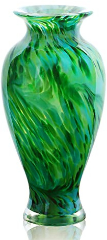 Hand Blown Green Classic Vase for Home Decor, 11.5Inch Glass Flower Vase for Shelf Decor, Living Room Decor, Centerpieces, Unique Gift for Her Mom Sister Friends