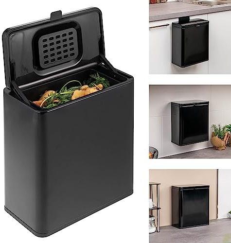 eluno Biomülleimer 6L mit Geruchsfilter, zum Hängen, Stellen oder Kleben, Komposteimer, 3 Montagearten (Schwarz)