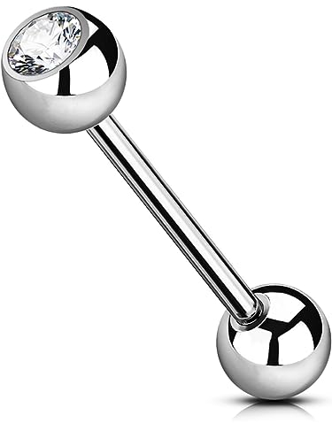 OUFER Body Piercing Zungen- und Nippelpiercing-Schmuck: Titan Zungenpiercing, Nippelpiercing, 14G, 16mm, 5mm Kugel, Klassisch, Unisex, Clear Cz, Implant Grade, 0.01kg