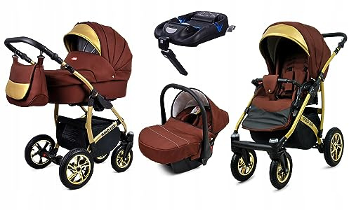 BabyLux® Kinderwagen Set 4 in 1 - Gold Lux - incl. Babywanne, Buggy Sportsitz, Auto-Babyschale, ISOFIX-Basisstation - Autositz - Kinderwagenset - Kombikinderwagen mit Wickeltasche usw.