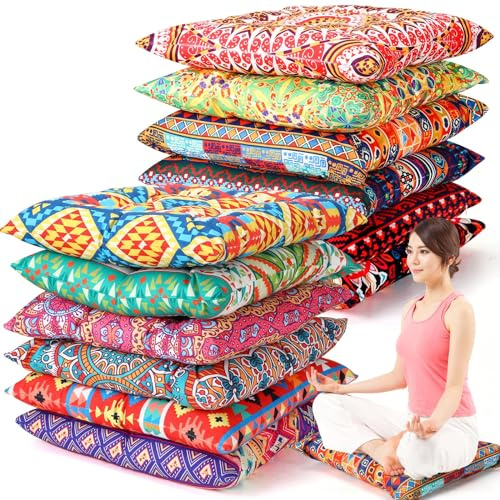 Nuogo 12 Pcs Bohemian Floor Cushions Bulk 15 Inch Boho Floor Sitting Meditation Pillows Yoga Mandala Meditation Pouf for Living Room Balcony Office Tatami(Square)