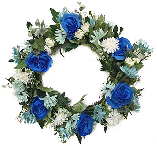 belupai 16inch Artificial Blue Rose Front Door Wreath, Spring Summer White Daisies Wreath Handmade Floral Wreath with Green Leaves for Wall Window Wedding Party Office Home Decor (Blue)