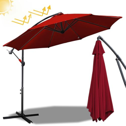 Fiqops Ombrellone solare a LED, diametro 350 cm, con manovella, in alluminio, con supporto, protezione solare, protezione dai raggi UV, in alluminio, impermeabile, per giardino, rosso, Ø 350 cm