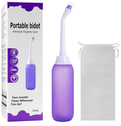 Brigtviee Bidet Portatile da Viaggio, Bottiglia Perineale per Assistenza Post Parto e Pulizia Mestruale Femminile, Bidet da Viaggio da 500ml con Testa dell'irrigatore Retrattile e Borsa,Viola