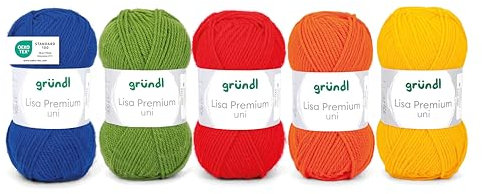 Gründl Wolle Lisa Premium uni - Garn zum Stricken - Strickgarn - Häkelgarn - Weich und hautfreundlich - 100% Polyacryl 5 Knäuel 50 g / 133 m - Nadelstärke 3,5-4,5 - Blau-Grün-Rot-Orange-Gelb