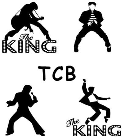 The King x 4 Poses and Letters TCB, Bumper, car, Laptop, Window, wall Art, Decal, Sticker, Matte Black.