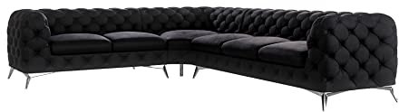 S-Style Möbel Sofa Couch Ecksofa Eckcouch 323 x 264 x 75 cm Samtstoff Links Metallbeine Silber Elegant Gesteppt Freistehend Maria Schwarz