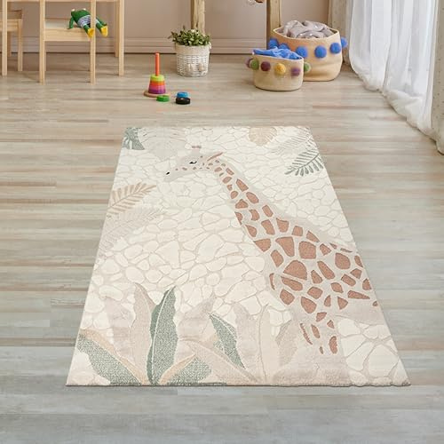 Teppich-Traum Kinderteppich Giraffe mit Blättern Creme Grün 80x150 cm | Safari, Savanne, 3D-Hoch-Tief-Effekt, weich, pflegeleicht, strapazierfähig, hautsympathisch, OEKO-TEX, Kinderzimmer, 14 mm