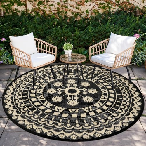 Capslpad Tappeto rotondo per esterni per terrazza, reversibile, impermeabile, in plastica, cerchio boho, per interni ed esterni, tappeto per camper, campeggio, picnic, piscina, tenda, balcone