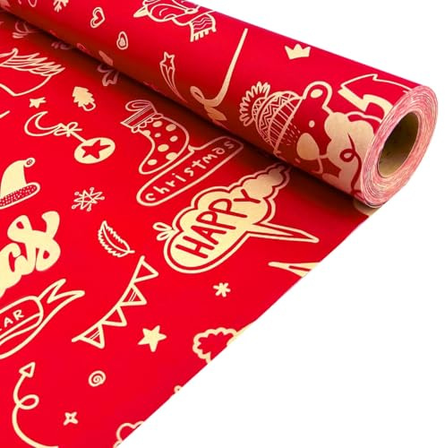 Rouleau de papier cadeau de Noël 43 cm x 15 m, papier kraft rouge recyclable pour emballage de cadeaux de Noël, d'anniversaire et décoration de boîtes cadeaux