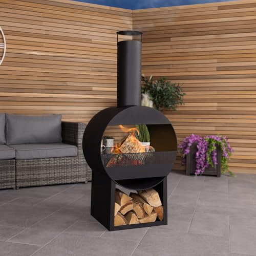 CHARLES BENTLEY 129cm Outdoor, Garden, Patio, Black Powder Coated Steel Modern Patio Heater, Chimenea, Wood And Charcoal Burner, With Poker, Log Storage, Contemporary Design, In Black (129x55x40cm)