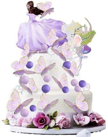 31 Stück Lila Schmetterling Prinzessin Kuchen Topper, Illusion Ball DIY alles Gute zum Geburtstag Thema Party Dekoration, lila Herz Stick, Faux Acryl weiß Runde Kuchen Topper mit Blume