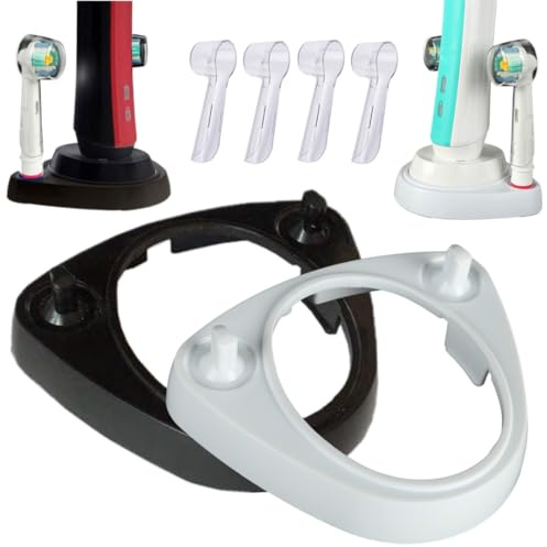 Set de 2 Bases Soporte Porta Cepillo de Dientes Eléctrico para Oral B (Blanco y Negro) – Incluye 4 Fundas Protectoras para Cabezales Cepillo Dientes para Oral B