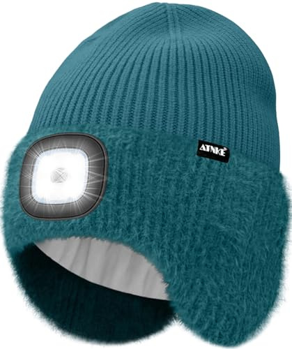 ATNKE LED Beleuchtete Ohrenklappen Mütze mit Licht,USB Wiederaufladbare 4 LED Freihändig Stirnlampe Laufmütze Winter Warm Fleece Gefüttert Strick Mütze Geschenke für Herren und Damen