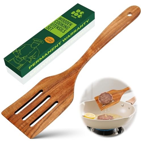 Bkiok Wooden Slotted Spatula for Cooking, Handmade Teak Wood Spoon Kitchen Utensil Flat Frying Spatula Turner for Nonstick Cookware