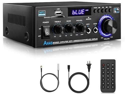 KKMOL HiFi Verstärker, AK45 Bluetooth 5.0 Mini Verstärker HiFi Stereo, 400W 2 Kanäle Audio Verstärker Receiver Digital Amplifier Endstufe mit USB, SD Card, Fernbedienung