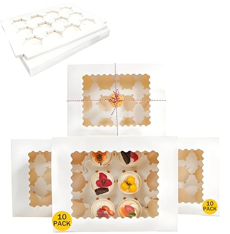 CUESVAP 10 Stück 12er Cupcake Transportbox mit Sichtfenster – Premium Kuchen Transportbox für Muffins & Torten – Einfache Montage inkl. Einsätze – Ideal für Bäckereien, Geschenke & Profi-Bäcker