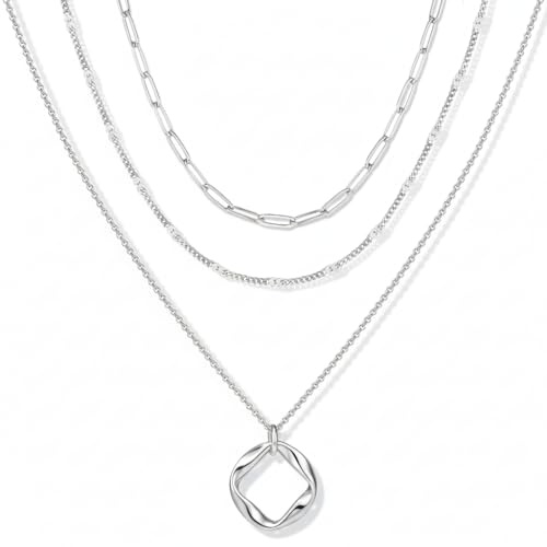 FENNELISA 3Pcs Halskette Damen, Layered Gold Kette Hypoallergen Lange Kette Silber 925 Verstellbarer Wasserfest Goldkette Damen