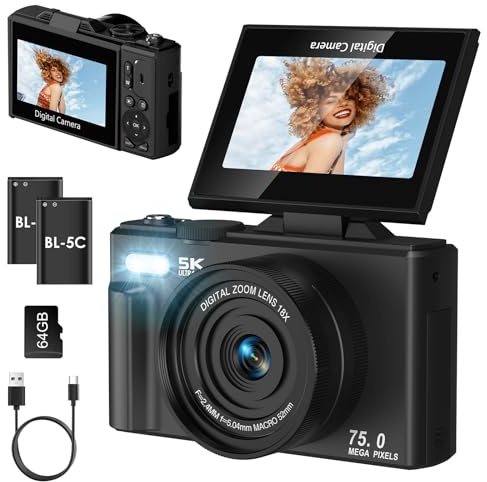SOPPY 5K 75MP Digital Camera with WiFi Transfer, 18X Zoom, 3 Flip Screen & Auto Focus - Compact Vlogging Camera for Kids, Teens & Beginners, Includes 64GB SD Card, Black