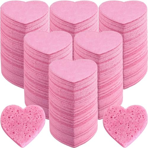 Exogio 100 stycken komprimerade ansiktssvampar, rosa ansiktssvamp hjärta för rengöring och peeling, smink svampkuddar, spa massage, sminkborttagning