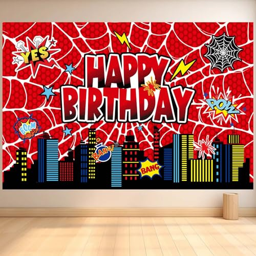 Toile de Fond d'anniversaire en Toile D'araignée, 150x100cm en Polyester Pré-Perforé Thème Araignée Bannière Joyeux Anniversaire Décorations Fête et Accessoires Fond Photo pour Garçons Filles