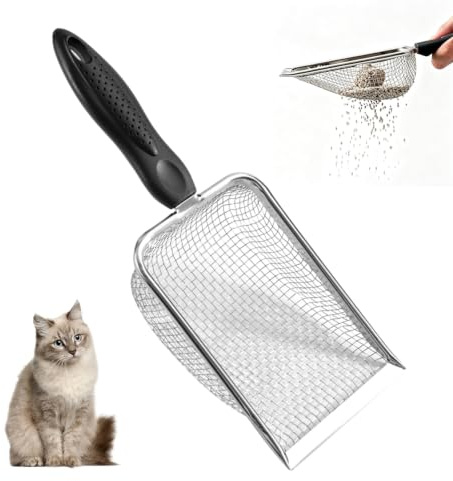 Edelstahl Katzenstreuschaufel, Katzenstreuschaufel aus Metall, tiefe Schaufel, robuste Netzschaufel für klumpendes Katzenstreu, einfaches Reinigungswerkzeug für Katzen und Haustiere(Schwarz)