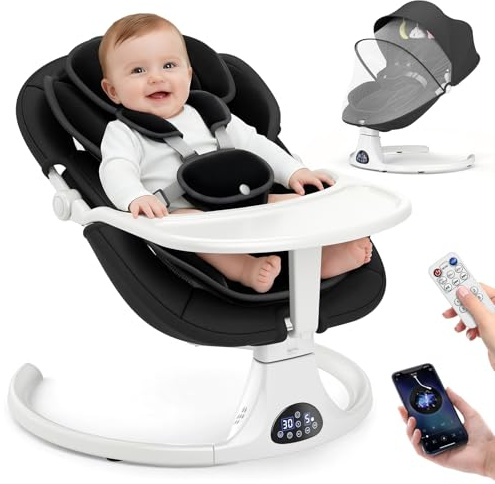 Electric Baby Swing with Tray, Baby Bouncer with Remote Control, 5 Swing Speeds & 3-Stage Timers, 12 Music Built-in，Bluetooth Music & USB, 3-Position Adjustable Backrest, 3 Power Supply Modes-Black