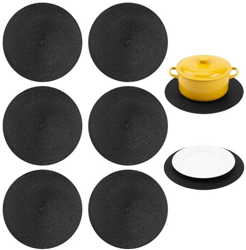 Place Mats for Table 6, Black Placemats and Coaster Sets, Round Table Mats, Set of 6, Durable and Stylish for Dining