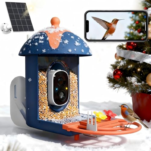 Smart Bird Feeder mit Kamera Outdoor Vogelhaus: AI identifiziert 11000+ Arten, 2K HD, Ankunftswarnungen, solarbetrieben, blau-orangefarbenes zweifarbiges Design, Kolibri-freundlich, Geschenk für