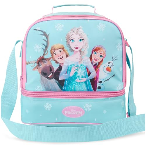 Get Trend Disney Frozen Bolsa de Almuerzo Infantil Aislada, Lunch Bag para Fiambrera con 2 Compartimentos, Asa, Correa Ajustable, Bolsa Térmica Colegio y Picnic, Regalo Niña (Azul Claro/Rosa Frozen)