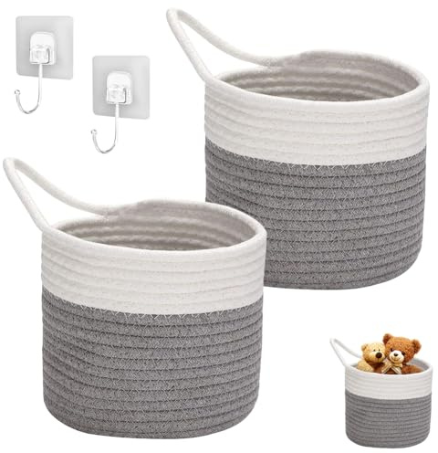 Umllpet Hängkorg av bomull, 2 stycken väggkorgar av bomullslina förvaringskorgar för babysaker, bomullskorgar med handtag för badrum vardagsrum barnrum (vit + grå)