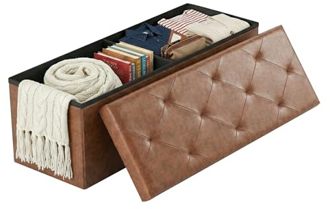 Foldable Storage Ottoman Bench, Synthetic Leather Storage Chest, End of Bed Foot Rest Stool with Padded Seat, 43 Inch Bedroom Bench for Living Room, Support 660lbs, Brown