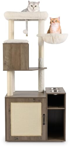 COSTWAY Cat Tree with Litter Box Enclosure, Cats Climbing Tower with Sisal Scratching Post & Mat, Dangling Ball, 2 Feeding Bowls, Wooden Hidden Kitty Washroom (Oak Grey)