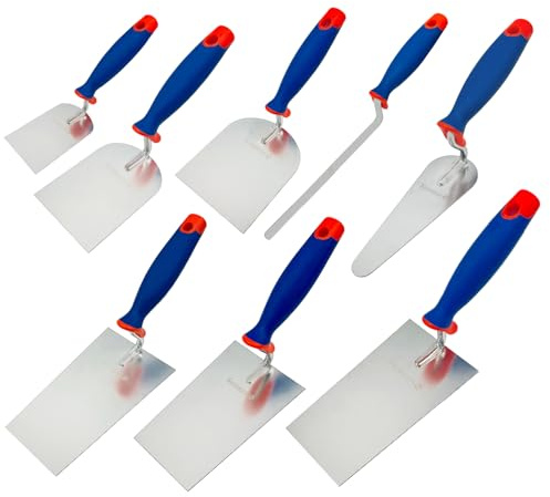 Kellen Set 8-tlg: Maurerkelle S-Hals (160mm und 180mm) + Gipserspachtel (60mm + 80mm + 100mm) + Putzkelle + Zungenkelle + Fugenkelle, Rostfreiem Edelstahl Kellen Gipserkellen Maurerwerkzeuge