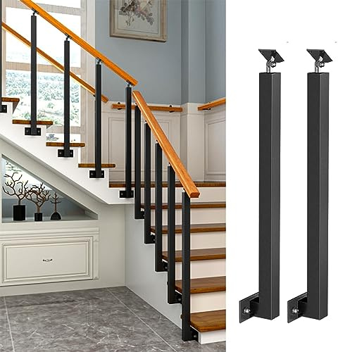 Wooden Handrails, Outdoor Stair Railing Fit 2 or 5 Steps Wood Handrail with Iron Posts(100cm,H 90cm)