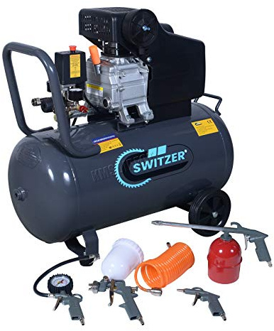 SwitZer Air Compressor 50L Litre LTR Tank 2.5HP 8 BAR Pressure 230V 50HZ 6.7CFM with 5PCS Kits Wheel Handle Grey AC004 New