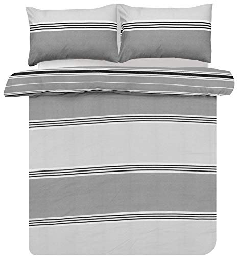 Sleepdown Duvet Cover Set - Grey - Geometric Banded Stripe - Reversible Quilt Cover Easy Care Bed Linen Soft Cosy Bedding Sets with Pillowcases - Double (200 cm x 200 cm)