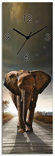 ARTLAND Wanddeko Wanduhr ohne Tickgeräusche Glas Quarzuhr 20x60 cm Rechteckig Lautlos Afrika Tiere Elefant Safari Natur Sonne Kolonialstil T9QO