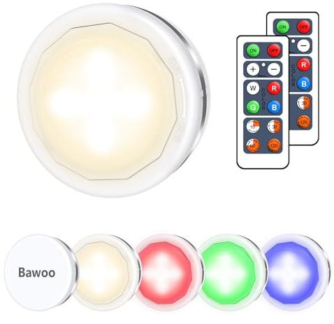 Bawoo Schrankbeleuchtung Nachtlicht LED 6 Stück Wandlampe 5 Perlen Klebelampe Cordless Mehrfarbig 2 Fernbedienung Vitrinen Schrank Flur Küche Haus