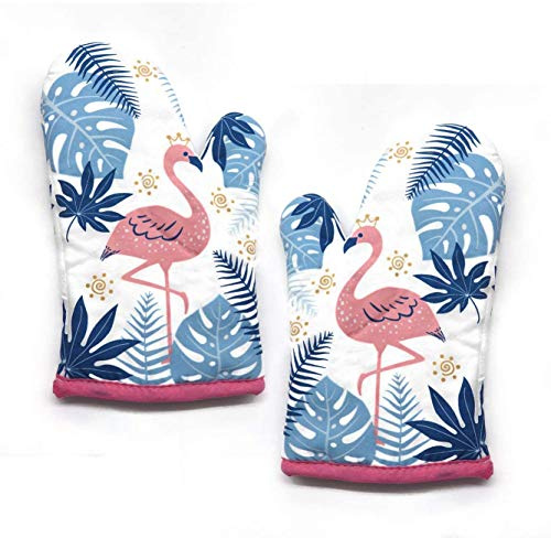 XLKJ 1 Paar Ofenhandschuh Hitzebeständige Topfhandschuhe Flamingo Muster Kochhandschuhe für Kochen, Backen, Grillen