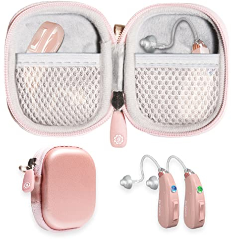 Designed Protective Case for Hearing Aid, Hearing Amplifier, Personal Sound Amplifier, Hearing Device, Listening Device, Strong Mini Case with Mesh pocket（Rose Gold)