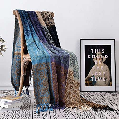Edcooy Boho Chair Cover Colorful Chenille Tassels Hippie Throw Blanket for Couch Bed Sofa Recliner Loveseat, Blanket for Bohemian Living Room Decor Purple(60*75)