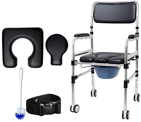 Toilettenstuhl Nachtkommode für Toilette mit Rädern, rollender Duschstuhl mit gepolstertem Toilettensitz und Gurt für Behinderte und Senioren