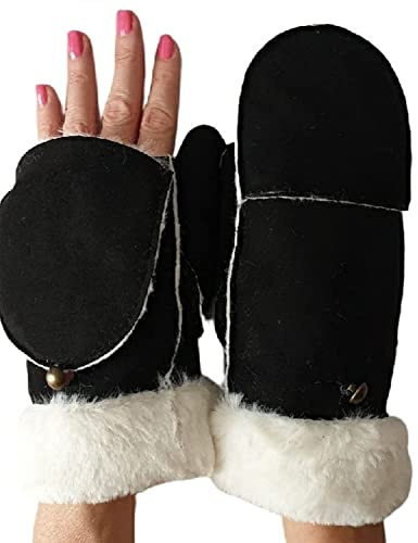 AXELENS Gants d’Hiver Femme Élégants en Cuir Suédé Écologique – Moufles Ouvrables Chaudes avec Doublure Polaire et Poignet en Fausse Fourrure – Taille S/M_Noir