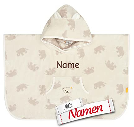 LALALO Steiff Poncho mit Namen personalisiert/bestickt für Baby & Kinder, Weiß, Badetuch, Bade-Poncho, Kapuzenbadetuch, Handtuch mit Kapuze, Bademantel Mädchen & Junge