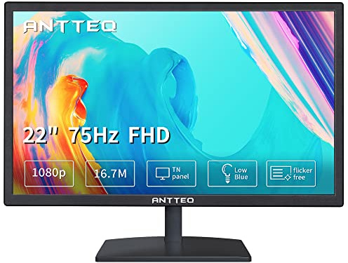 Antteq F2145M 22 Zoll Monitor, FHD 1920x1080p 75Hz PC Monitor, Low Blue Light, Augenkomfort, HDMI-VGA-Anschlüsse, Vesa 100x100, 16:9, Schwarz