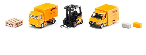 siku 6335, DHL Logistics Gift Set with Truck, Forklift, Parcel Delivery Van, Pallets and Packages, Metal,Plastic, Yellow, Moving Parts