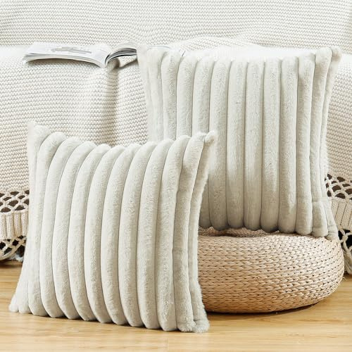 Madizz 2er Set Kunstpelz Plüsch Dekorative Kissenbezüge Flauschig Gestreifte Weich Dekorative Kissenbezug für Sofa Schlafzimmer Kissen Shell Grauweiß 60 x 60 cm