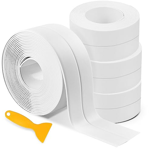 winbest 4 Pack Bath Sealant Strip, Bathroom Sealant Tape, Caulk Strip, Waterproof and Adhesive Seal Tape with Sealing Tool for Bathtub Toilet, Shower, Wall Corner, Kitchen(White) (HQA9715B005UK)