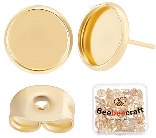 Beebeecraft 1 Box mit 50 Stück Lünetten, Ohrringe, 24 K, vergoldet, 10 mm, Cabochon-Lünette, mit Ohrringrückseite für die Herstellung